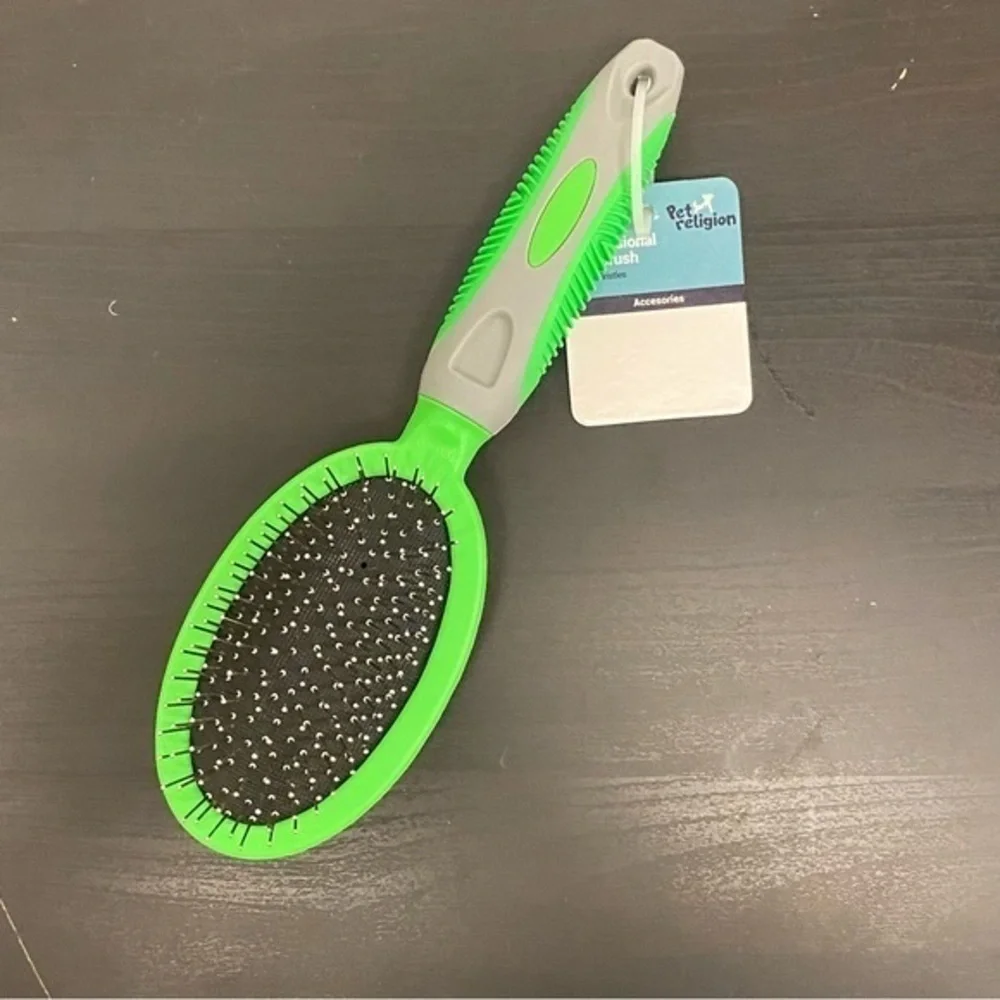 Dog Brush for Shedding Two Sided Lime Green Rubber Grip 2 in 1 Pet Brush